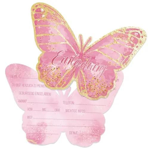Werfunee - 12er Einladungskarten Kindergeburtstag Mädchen - 15 x 11 cm Schmetterlingen Einladungskarten Geburtstag - Einladung Kindergeburtstag Mädchen - Geburtstagseinladungen Mädchen