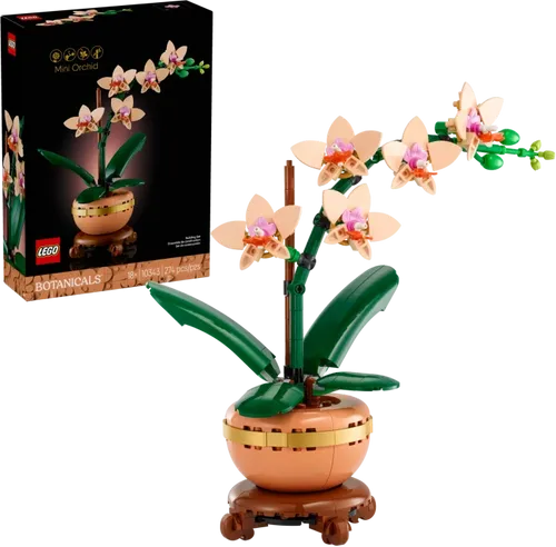 LEGO ICONS Mini-Orchidee 10343 - Seiden- & Kunstblumen Bauset für Erwachsene, kreative Dekoration mit 5 Blüten in terrakottafarbenem Topf, symbolisiert Neuanfänge und ist das perfekte Geschenk für Blumenfans.