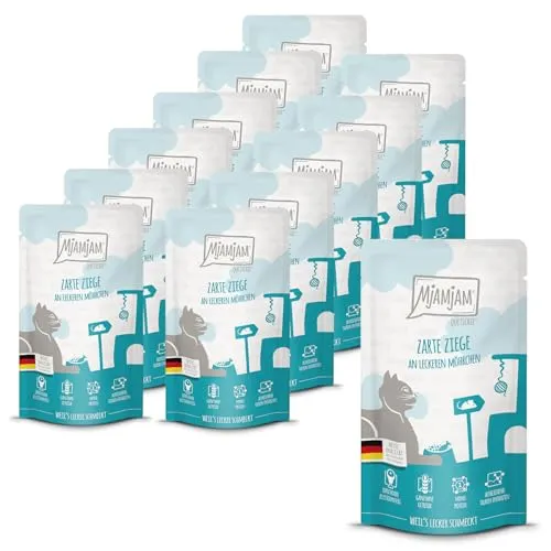 MjAMjAM Premium Nassfutter für Katzen - Quetschie mit zarter Ziege & Möhrchen 12er Pack - Leckeres, getreidefreies Katzenfutter mit hohem Fleischanteil in praktischen 125g Portionspackungen. Ideal für kleine Portionen oder zum Probieren, aus regionalen Zutaten und mit geprüfter Qualität.