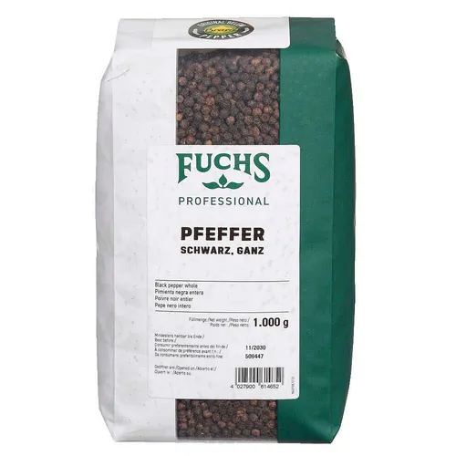 Fuchs Pfeffer schwarz ganz spezial (1 x 1 kg) - Ungemahlene Kräuter & Gewürze, handgeernteter Pfeffer aus Brasilien mit warm-würzigem Aroma, ideal für Suppen und dunkle Speisen, ohne Zusatzstoffe.