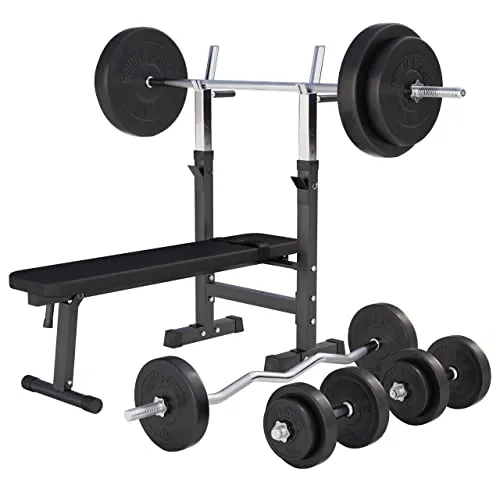 GORILLA SPORTS Hantelbank mit Ablage und Dip-Station, klappbar - Hantelbänke für intensives Training, inkl. Hantelset, platzsparend und ideal für Home Gyms.