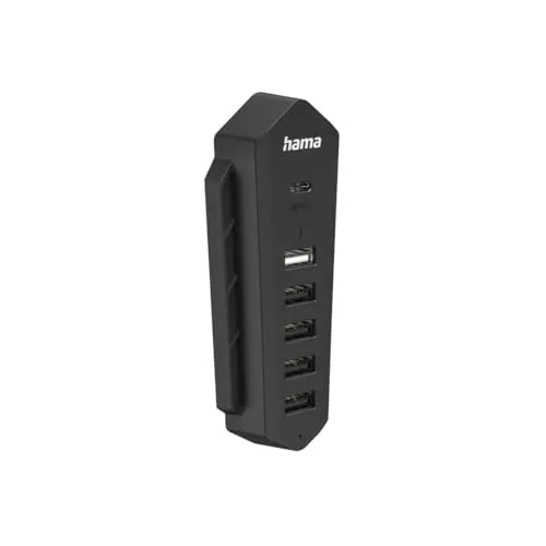 Hama USB Hub für PS5, 6 Ports (1x USB C, 5x USB A, zum Anschluss von Controller, Mikrofon, Lenkrad etc., ideal zum Laden, zur Datenübertragung, LED Funktionsanzeige, für Playstation 5 Modelle) schwarz