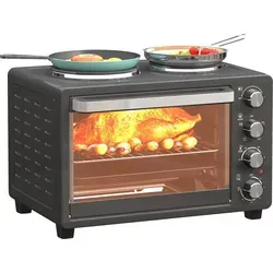 HOMCOM Minibackofen 28 L 2600W Mini Backofen 100-230°C 60 Min. Timer, mit 2 Warmhalteplatten Backblech und Grillrost Pizzaofen mit Krümelblech Sc... - Schwarz