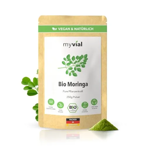 Bio Moringa Pulver 250g – Premium Qualität aus Blättern – Moringa Oleifera roh verarbeitet – Vegan ohne Zusatzstoffe plastikfrei laborgeprüft – Ideal für Smoothies und Tee