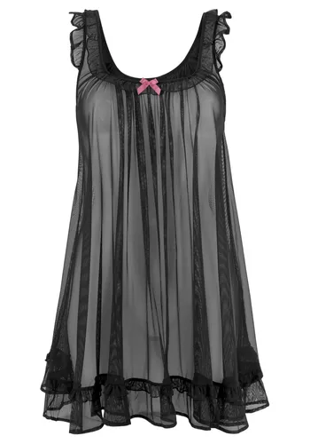 LASCANA Negligé für Damen, sexy Babydoll-Optik, Gr. 36/38, lila-schwarz - Verführerisches Negligé aus transparentem Netzmaterial mit Rüschen und rosa Schleife. Ideal für romantische Momente und ein sexy Gefühl. Perfekt für besondere Anlässe oder als aufregende Reizwäsche.