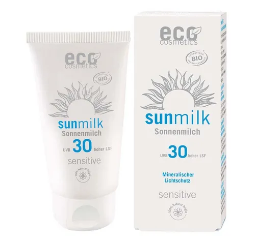 Eco Cosmetics Sonnenmilch LSF30 sensitive - Sonnenschutzmittel mit natürlichen Inhaltsstoffen, schützt die Haut effektiv vor UVA & UVB-Strahlen und bietet Feuchtigkeit durch Himbeerkernöl und Granatapfelhydrolat.