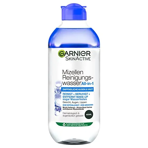 Garnier Mizellen Reinigungswasser All-In-1 für empfindliche Augen & Haut 400ml - Gesichtsreiniger für sensible Haut, entfernt sanft Make-up und reinigt ohne zu reizen. Ideal für Augen, Gesicht und Lippen.