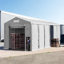 Lagerzelt 6x12 M - Robustes Ganzjahreszelt mit Hochziehtor - Das Lagerzelt 6x12 M überzeugt durch seine hohe Stabilität und Wasserdichtigkeit. Ideal für den ganzjährigen Einsatz, bietet es flexible Aufbauvarianten und eine langlebige PVC Plane für optimalen Schutz.