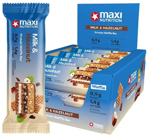 MaxiNutrition Milky Waffle Protein Bar 40g | Hazelnut - 12er Pack - Energieriegel mit hohem Proteingehalt, ideal für Sportler und Fitnessliebhaber, leckerer Haselnussgeschmack für den perfekten Snack.