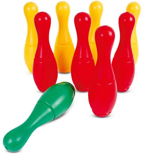 Kegelspiel mit Halterung - 26 cm - Spaßiges Kegelspiel mit Halterung, 9 Kegeln und 2 Bällen. Flexibel befüllbar mit Wasser oder Sand für stabilen Halt und abwechslungsreichen Spielspaß.