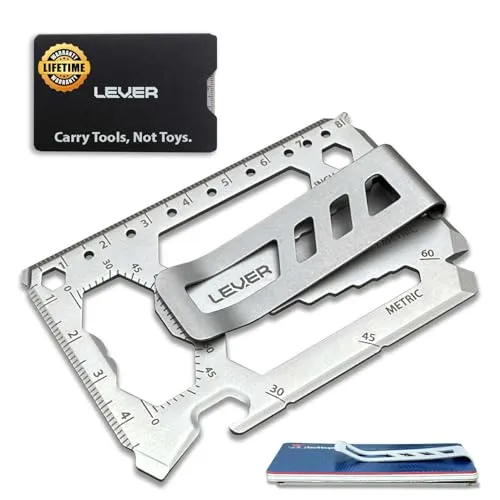 Lever Gear Toolcard Pro mit Geldscheinklammer - 40 in 1 Kreditkarten-Multitool. Schlankes, minimalistisches Multitool für die Geldbörse aus Edelstahl - Perlenstrahlen-Silber