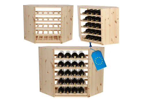 MODO24 Eck-Flaschenregal aus Massivholz für 20 Flaschen - Modulares Weinregal aus Kiefernholz, bietet flexible Aufbewahrung und individuelles Design für jeden Raum. Ideal für Weinkeller oder Küchen, selbstmontierbar und in drei Farben erhältlich.