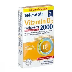 Tetesept Vitamin D3 2.000 Filmtabletten - Arzneimittel zur Unterstützung des Immunsystems, mit hochdosiertem Vitamin D3 für starke Knochen und Zähne.