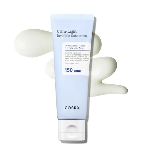 COSRX Ultra-Leichte Unsichtbare Sonnencreme LSF 50 - Leichter Sonnenschutz mit LSF 50, der schnell einzieht und keinen weißen Schleier hinterlässt. Ideal für alle Hauttypen, spendet Feuchtigkeit und schützt effektiv vor UV-Strahlen. Perfekt für die tägliche Anwendung!