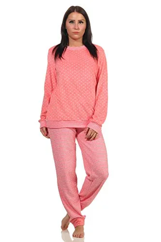 NORMANN-Wäschefabrik Damen Frottee Pyjama mit Herz-Tupfen Design - auch in Übergrößen - Kuscheliger Frottee-Pyjama für kalte Nächte, erhältlich in großen Größen. Der elegante Mix aus Streifen und Tupfen sorgt für Komfort und Style. Mit kontrastierenden Bündchen für besseren Sitz. 80 % Baumwolle, ÖKOTEX STANDARD 100.