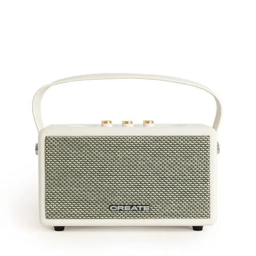 CREATE / Speaker Retro/Tragbarer Lautsprecher mit Bluetooth, USB und AUX klein, Cremeweiß/Retro-Design, bis zu 5 Stunden Betriebsdauer, Trageschlaufe, 40W