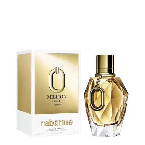 Rabanne Million Gold For Her Eau de Parfum 90 ml - Damendüfte mit floralen Noten, die goldene Sinnlichkeit ausstrahlen und ein Gefühl des Erfolgs vermitteln. Erlebe die perfekte Mischung aus weißen Blüten, spritziger Rose und mineralischem Moschus.