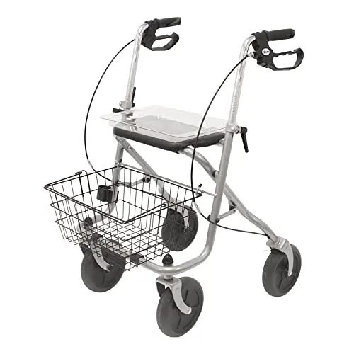 Drive Medical WA015 Migo Rollator aus Stahl, 4 Räder, mit Ablage - Leichter Rollator mit Schleifbremsen, ideal für Arthritis-Patienten. Mit praktischer Ablage und Korb, bietet er hohe Wendigkeit und Produktsicherheit.