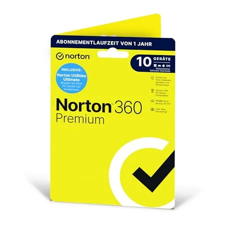 Norton 360 Premium + Utilities Ultimate, 10 Geräte - 1 Jahr, Download - Security-Suiten für 10 Geräte: Umfassender Cyberschutz und PC-Optimierung in einem Paket. Schütze deine Geräte vor Bedrohungen und verbessere die Systemleistung gleichzeitig!