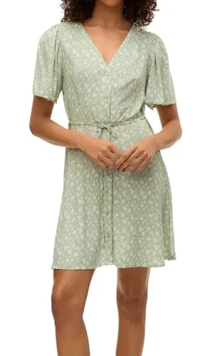 VERO MODA Vmalba Ss Short Dress WVN Ga Noos - Freizeitkleider für Damen, stylisches kurzes Kleid mit Gürtel in der Taille und V-Ausschnitt, ideal für sommerliche Anlässe.