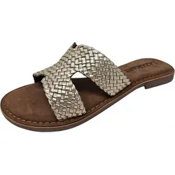 Lazamani Flor Damen Leder-Pantoletten - Gold, Größe 39 - Elegante Sandalen mit handgeflochtenem Leder und atmungsaktivem Wildleder-Fußbett. Ideal für den Sommer, kombinierbar mit verschiedenen Outfits und bequem für lange Tage.