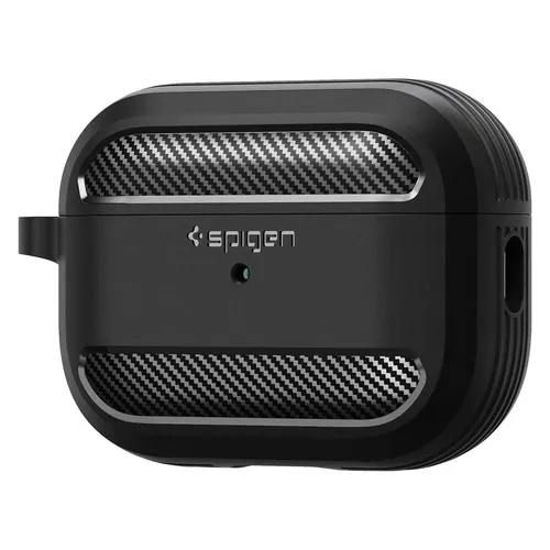Spigen Rugged Armor für AirPods Pro 2 - Schwarz - Audio-Zubehör mit rutschfestem Grip, schlankem Design und inklusive Karabiner für einfache Tragbarkeit. Kabelloses Laden kompatibel.