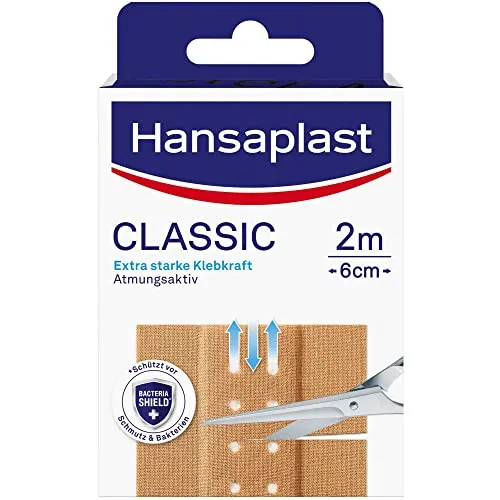 Hansaplast Classic Pflaster - 2 m x 6 cm, zuschneidbar mit extra starker Klebkraft - Erste-Hilfe-Heftpflaster & Verbandsmaterial, bietet zuverlässigen Schutz mit Bacteria Shield gegen 99 % der Bakterien und ist flexibel sowie individuell zuschneidbar.