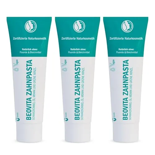Beovita Zahnpasta mit Schwarzkümmelöl 3 x 75ml– Fluoridfreie Naturheil-Zahnpasta für empfindliche Zähne – Antibakterielle Mundpflege mit Miswãk & 6 ätherischen Ölen – Vegan, ohne chemische Zusätze
