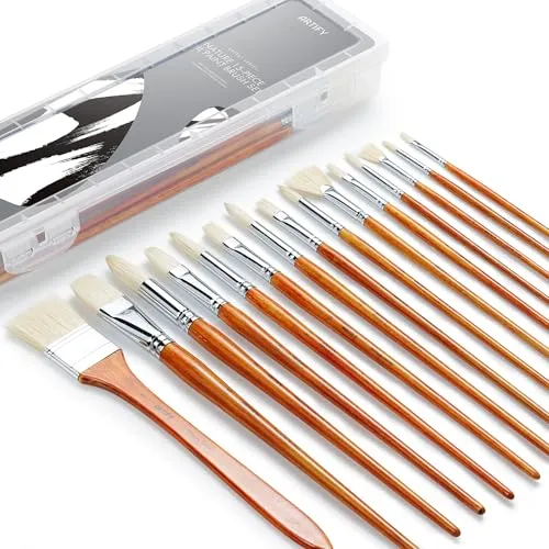 ARTIFY 15-teiliges professionelles Ölpinsel-Set mit natürlichen Borsten, Langer und Schwerer Stiel, perfekt für Öl- und Acrylmalerei aus 100% Reine Schweineborsten, Natur
