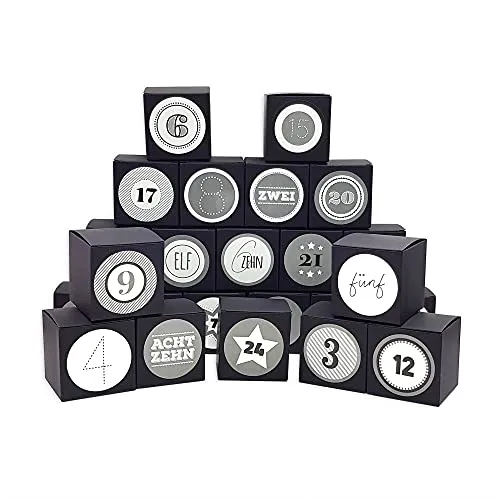 Frau WUNDERVoll® DIY Adventskalender Vorfreude zum Befüllen, 24 Faltschachteln matt schwarz 7(L)x7(B)x7(H)cm (gefaltet), XL Ziffern grau/Weihnachten, Aufkleber, Würfelbox, Faltverpackung, Schachteln