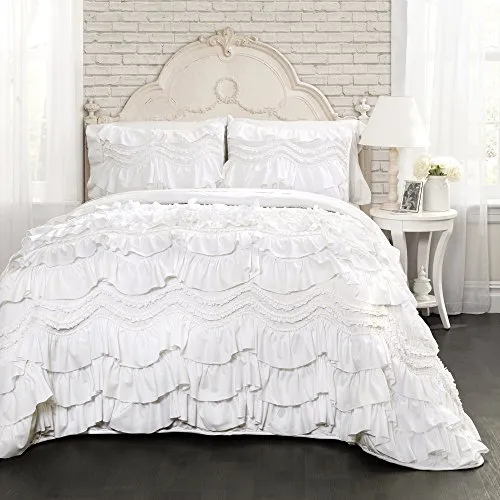 Lush Decor Kemmy Bettwäsche-Set, gesteppt, gerüscht, strukturiert, 3-teilig, für Queensize-Bett, Weiß