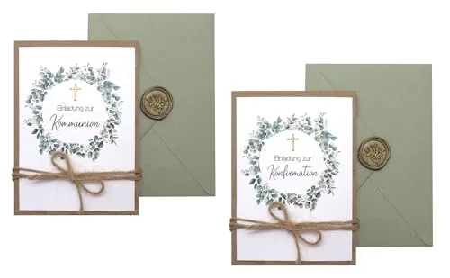 ZauberDeko Einladungskarte mit Briefumschlag Personalisiert Kommunion Konfirmation Eukalyptus Olive Kraft Kreuz
