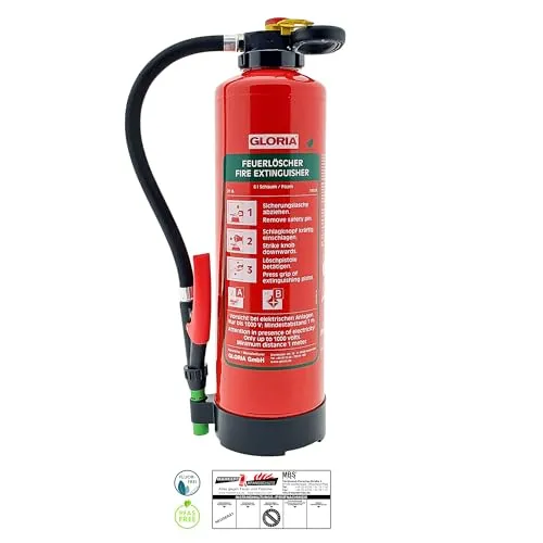 Gloria SKE 6 PRO Schaum Feuerlöscher 6L - Feuerlöscher für Brandklassen A und B, fluorfrei, mit patentiertem Kolbenkartuschensystem und Wandhalterung für optimale Sicherheit.