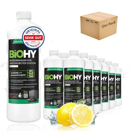 BiOHY Bodenreiniger für Wischroboter Station mit Frischeduft (12 x 1 Liter) | Reinigungsmittel Konzentrat für alle Wisch & Saugroboter mit Nass-Funktion | Schaumarm & Streifenfrei | Für alle Böden