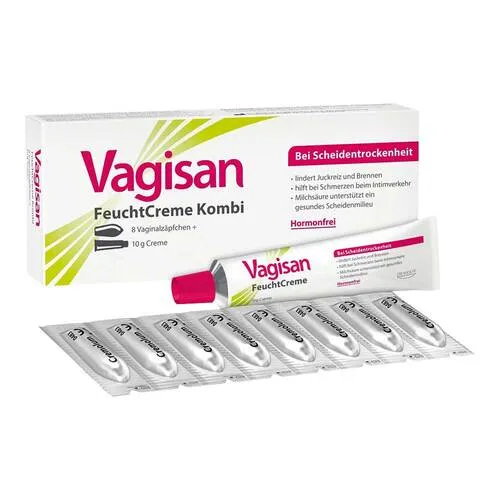 Vagisan Feuchtcreme Kombi 8 Ovula+10 g Creme - Arzneimittel zur Linderung von Scheidentrockenheit, enthält hormonfreie Zäpfchen und Creme für sofortige Hilfe bei Brennen und Jucken. Ideal für empfindliche Frauen.