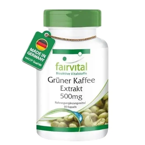 fairvital Grüner Kaffee Extrakt 500mg, 90 Kapseln, schluckfreundlich, HOCHDOSIERT, standardisiert auf 45% Chlorogensäure, VEGAN