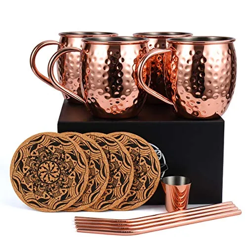 Eligara Moscow Mule Becher Kupferbecher Gehämmert und Handgefertigt Kupfertassen mit 4 Gläsern, 4 Untersetzer, 4 Trinkhalme, 1 Messbecher, Bier, Gin, Vodka, Cocktails und Wasser genießen