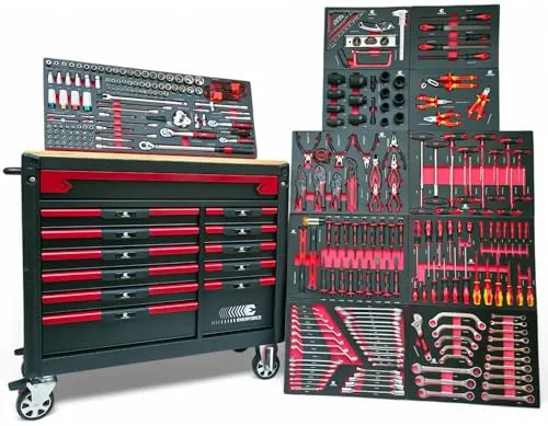 Werkstattwagen Heavy Duty XXL, gefüllt mit Werkzeug - Werkzeugschrank mit 12 Schubladen, kugelgelagerten Führungen und abschließbar. Ideal für Werkstätten, mobil dank Rollen mit Feststellbremsen und einer Kapazität von 300 kg.