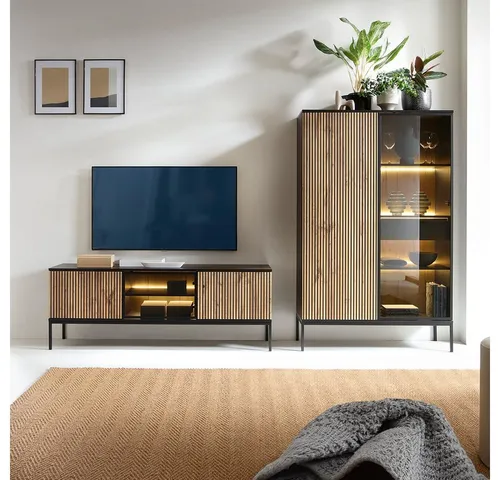 Lomadox Wohnzimmer-Set SIBARI-160 – 2-tlg. in Schwarz mit Wotan Eiche - Stylisches 2-teiliges Wohnzimmer-Set, inklusive Sideboard und TV-Lowboard. Griffloses Design in Schwarz mit eleganter Wotan Eiche Optik – ideal für modernen Wohnraum und Selbstmontage.