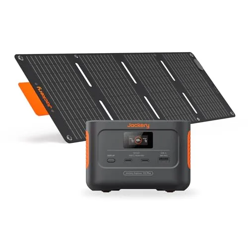 Jackery Tragbare Powerstation 100 Plus mit SolarSaga 40W Mini - Kompakte Powerstation mit 99Wh Kapazität und 128W Ausgangsleistung. Ideal für Camping und Wohnmobil, lädt bis zu drei Geräte gleichzeitig und ist schnell aufgeladen.
