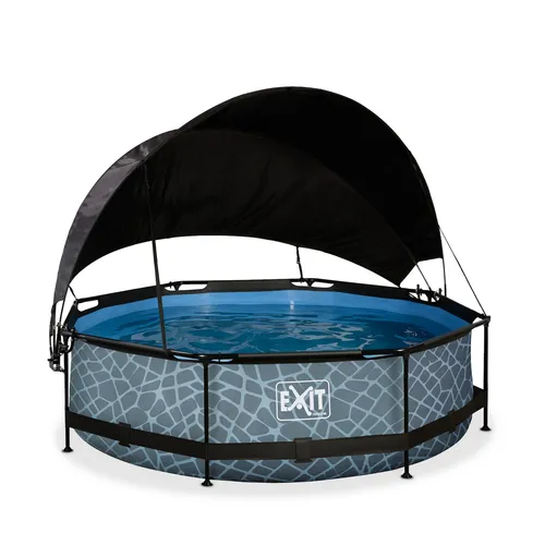 EXIT Framepool mit Sonnensegel, grau, Ø300cm - Rundes Aufstellbecken aus robustem Stahl und PVC, inklusive Kartuschenfilterpumpe und Sonnensegel für erfrischenden Badespaß im Garten.