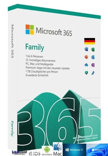 Microsoft Office 365 Family - PC/MAC/Mobilgeräte Abonnement - Office-Software für bis zu 6 Benutzer, immer mit den neuesten Funktionen dank automatischer Updates und cloudbasierter Flexibilität für effizientes Arbeiten von überall.