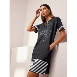 Jerseykleid HEINE "Jersey-Kleid", Damen, Gr. 42, Normalgrößen, schwarz-weiß (schwarz, weiß, bedruckt), Jersey, Single Jersey, 76% Polyester, 20% Viskose, 4% Elasthan, gemustert, mehrfarbig, bedruckt, kurz, Rundhals, Kurzarm, Kleider