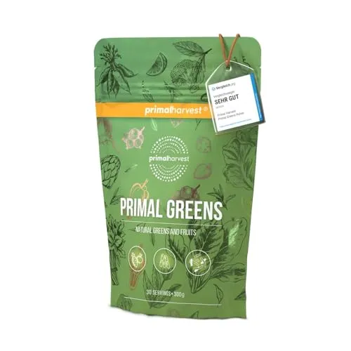 Primal Harvest Super Greens Pulver - 27 Pflanzenstoffe für dein Immunsystem - Pflanzliches Ergänzungsmittel Spirulina mit 27 Obst- und Gemüsesorten, reich an Zink und Vitamin C für ein starkes Immunsystem. Einfach in Wasser oder Smoothies einrühren!