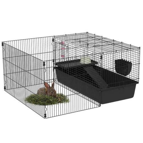 PawHut 99 cm Kleintierkäfig mit Laufstall - Käfige & Laufställe für Kleintiere: Robuster Nagerkäfig mit abnehmbarem Auslauf, ideal für Meerschweinchen und Zwergkaninchen, inklusive Wasserflasche und Futternapf für optimale Versorgung.