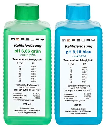 Measury pH Kalibrierlösung 6.86 und 9.18 - hergestellt in Deutschland, pH Pufferlösung je 250ml, Eichlösung Grün/Blau, Kalibrierflüssigkeit Set Eichflüssigkeit