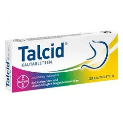 Talcid 20 ST - Antazida zur symptomatischen Behandlung von Sodbrennen und Magenbeschwerden. Enthält 500 mg Hydrotalcit pro Kautablette, ideal zur Bindung überschüssiger Magensäure.