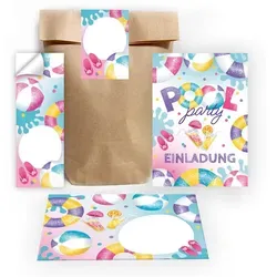 JUNAPACK Einladungskarten Pool Party zum Geburtstag Einladungen Karten mit Umschlägen Mitgebsel, Mitgebsel Set mit Schwimmbad Motiv für Mädchen Gastgeschenke