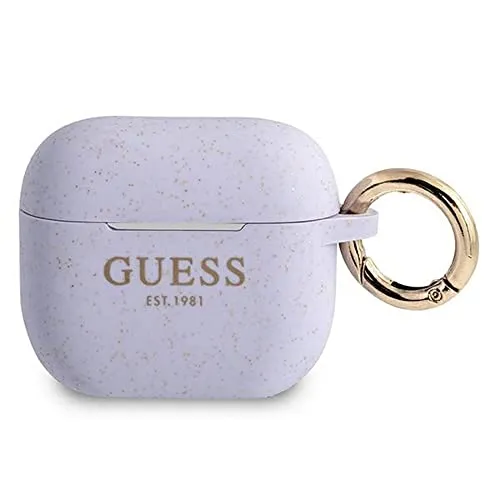 Guess Apple AirPods 3 Cover Glitter Collection Lila - Kopfhörer-Zubehör - Hochwertige Silikon-Schutzhülle mit Glitzer-Effekt, schützt vor Kratzern und bietet praktischen Tragekomfort mit goldenem Ring.