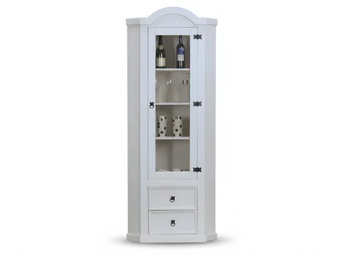 ebuy24 Eckvitrine in Weiß, 57x200x51 cm - Vitrine aus Holzwerkstoff mit Glastür und 2 Schubladen, perfekt für platzsparende Aufbewahrung und stilvolle Präsentation im Wohnzimmer.